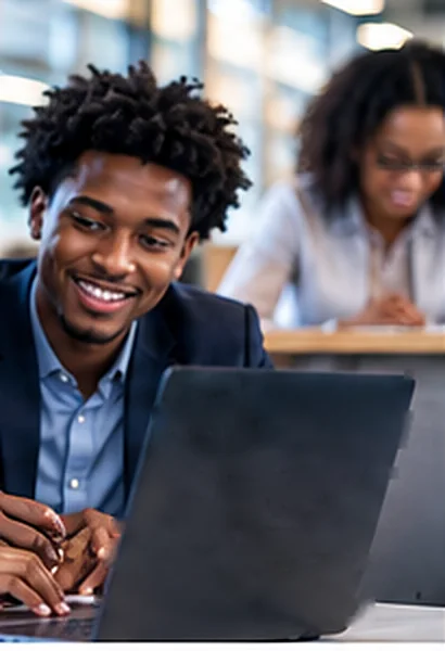 A smiling student working on a laptop