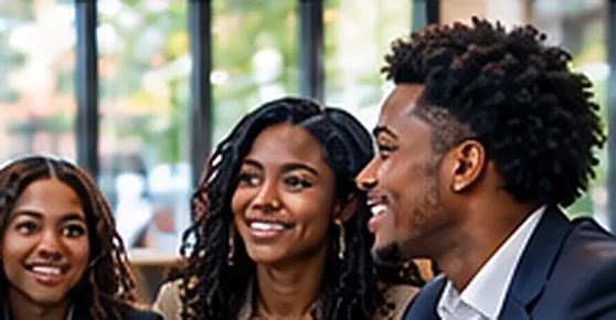 Students smiling around a table during a cohort session