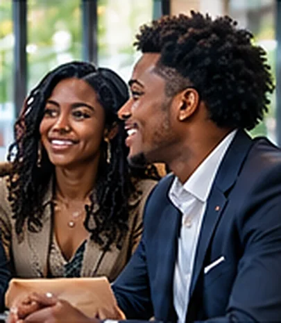 Two students smile during a group conversation